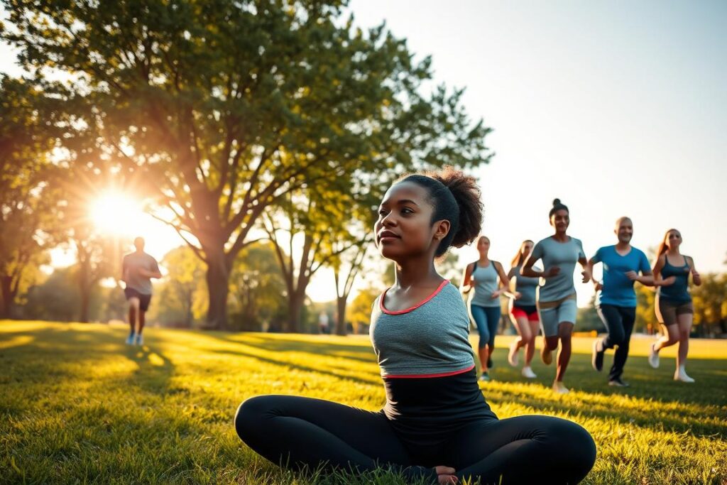 A vibrant scene capturing diverse individuals engaged in various forms of physical activity, showcasing the mental health benefits of exercise. In the foreground, a woman in modest athletic wear stretches on a grassy field, radiating focus and serenity. In the middle ground, a group of men and women jog through a sunlit park, their expressions joyful and determined, emphasizing camaraderie. The background reveals lush trees and a clear blue sky, with sunlight filtering through the leaves, creating a warm, inviting atmosphere. The lighting is soft and natural, enhancing the sense of vitality. The image is framed at a slight angle, providing depth and a dynamic quality, inviting the viewer to engage with the scene. The overall mood conveys energy, positivity, and the uplifting effects of regular exercise on mental well-being.