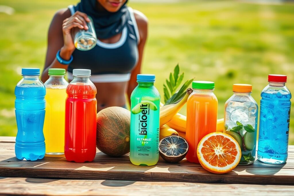 A vivid depiction of an assortment of colorful electrolyte-rich beverages, such as bright blue sports drinks, green coconut water, and orange electrolyte-infused juices, arranged artfully on a wooden table. In the foreground, an athlete in modest, modern fitness attire, reflecting diversity, is seen hydrating with one of the drinks. The middle ground features fresh fruits like bananas and oranges, representing potassium and vitamin C. The background showcases a soft-focus outdoor setting with a bright, sunny sky and green grass, creating a healthy, energetic vibe. The lighting is bright and warm, emphasizing the freshness of the ingredients, while the angle captures both the athlete's interaction with the beverages and the vibrant colors of the drinks and fruits, evoking a sense of vitality and well-being.