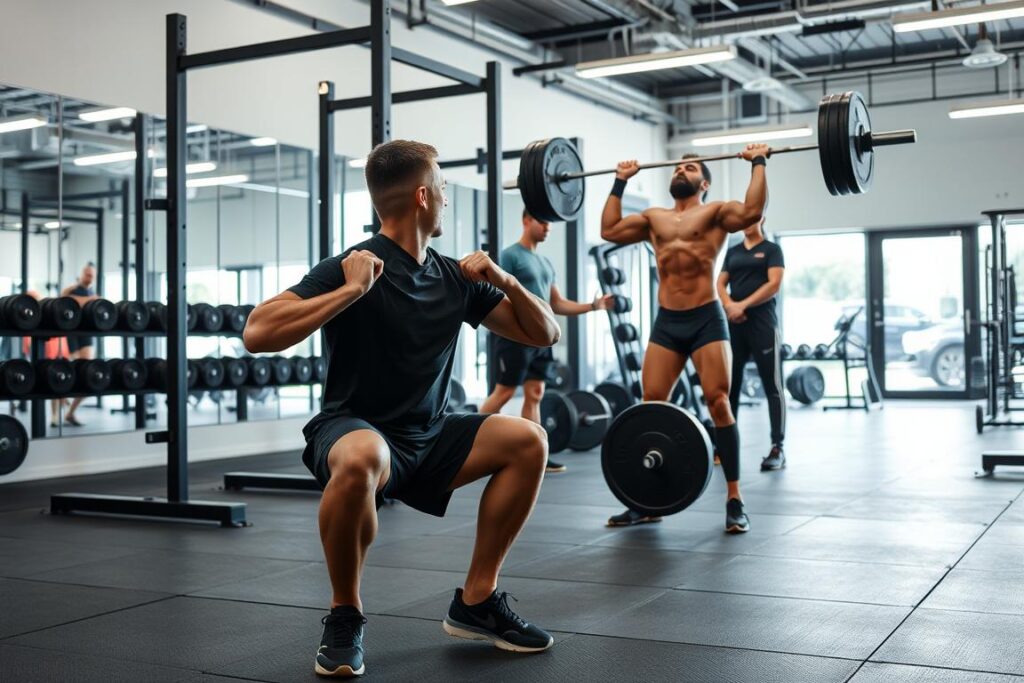 A well-lit gym interior with modern equipment, including a squat rack, weightlifting platforms, and a variety of free weights. In the foreground, a person performing a precise, controlled squat with perfect form, focusing on controlled movements and engaging core muscles. The middle ground features another individual demonstrating a deadlift with meticulous technique, emphasizing back alignment and leg drive. In the background, a trainer observes the session, providing guidance and feedback to ensure safe and effective training. The overall atmosphere is one of discipline, concentration, and a commitment to building strength through careful, methodical movements. A well-lit gym interior with modern equipment, including a squat rack, weightlifting platforms, and a variety of free weights. In the foreground, a person performing a precise, controlled squat with perfect form, focusing on controlled movements and engaging core muscles. The middle ground features another individual demonstrating a deadlift with meticulous technique, emphasizing back alignment and leg drive. In the background, a trainer observes the session, providing guidance and feedback to ensure safe and effective training. The overall atmosphere is one of discipline, concentration, and a commitment to building strength through careful, methodical movements.