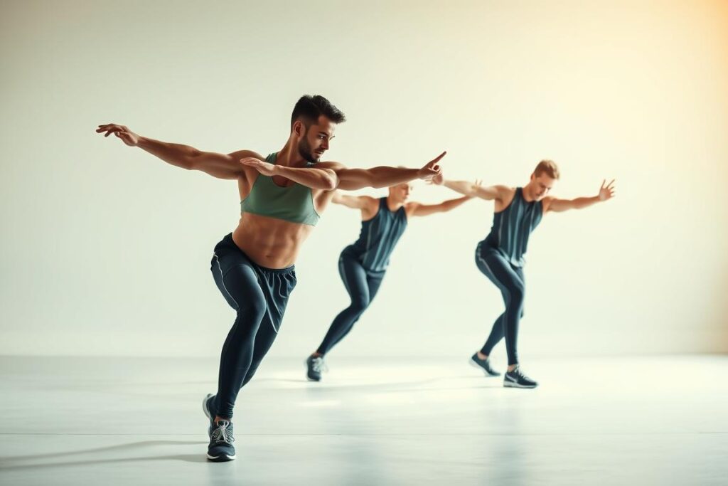 A well-lit studio scene depicting a series of dynamic stretching exercises. In the foreground, a fit male model in athletic wear performs a sequence of active stretches, his limbs in fluid motion. The middle ground features a clean, minimalist backdrop with a warm, natural lighting that casts soft shadows. The background is a plain, slightly blurred surface, allowing the subject to be the focal point. The overall atmosphere is one of controlled movement, vitality, and an alignment with the principles of effective pre-workout preparation.