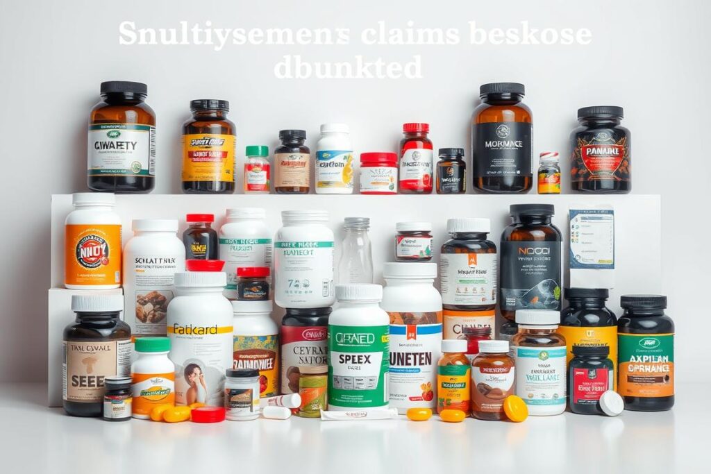 A well-organized display of various dietary supplements on a clean, minimalist background. The bottles and containers are arranged in a visually appealing manner, highlighting their diverse shapes, sizes, and colors. The lighting is soft and even, creating a sense of clarity and focus on the products. The angle is slightly elevated, providing a comprehensive view of the items. The overall mood is one of simplicity, professionalism, and an objective, informative presentation of the subject matter, reflecting the "spot supplement claims debunked" theme. A well-organized display of various dietary supplements on a clean, minimalist background. The bottles and containers are arranged in a visually appealing manner, highlighting their diverse shapes, sizes, and colors. The lighting is soft and even, creating a sense of clarity and focus on the products. The angle is slightly elevated, providing a comprehensive view of the items. The overall mood is one of simplicity, professionalism, and an objective, informative presentation of the subject matter, reflecting the "spot supplement claims debunked" theme.
