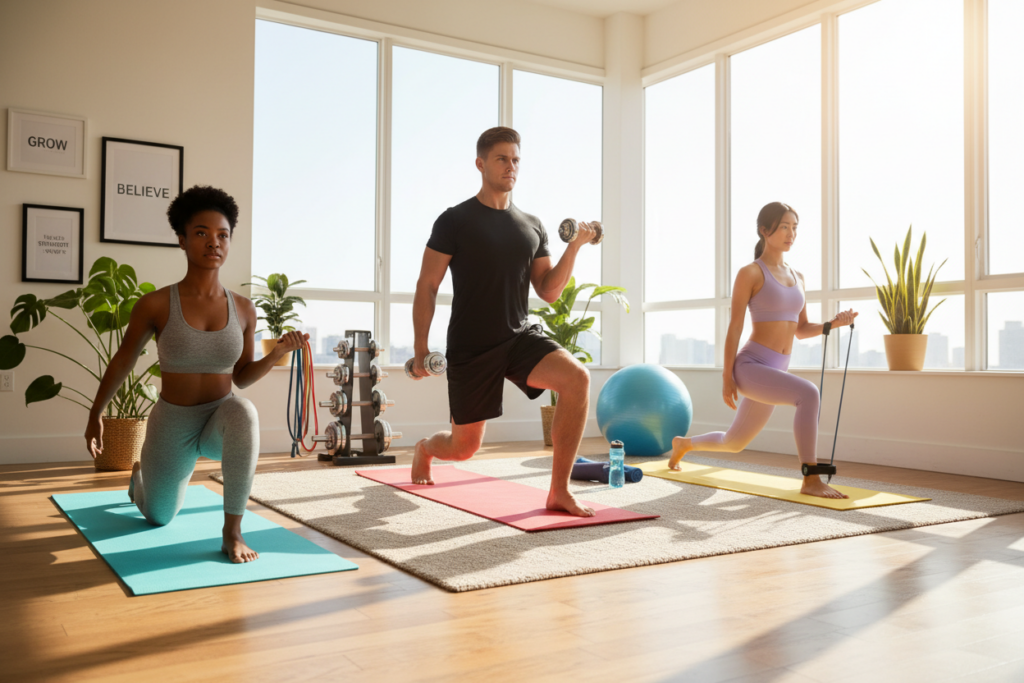 A bright, airy living room setting with large windows allowing natural light to stream in. In the foreground, a diverse group of athletes, dressed in stylish yet modest workout attire, perform various home exercises like yoga and strength training on colorful mats. In the middle ground, exercise equipment such as dumbbells, resistance bands, and a stability ball are neatly placed, emphasizing a motivational atmosphere. The background features houseplants and motivational decor that inspire a sense of calm and determination. Soft, warm lighting enhances the inviting and encouraging mood. The angle captures the energy of the athletes, showcasing their focus and commitment, reflecting the theme of making fitness a lasting routine at home.