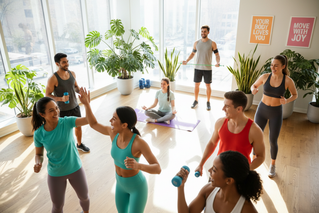 A bright and inviting fitness studio with large windows that allow natural light to flood the room, highlighting energetic individuals engaged in enjoyable workouts. In the foreground, a diverse group of people, including men and women of various ethnicities, are happily participating in a fun group exercise, wearing colorful, modest athletic wear. In the middle ground, some individuals are seen using yoga mats, resistance bands, and small weights, all while smiling and interacting. The background showcases vibrant green plants and motivational posters on the walls, creating an uplifting atmosphere. The angle captures the scene from a slight elevation, emphasizing camaraderie and enthusiasm. Soft, warm lighting enhances the cheerful mood, ideal for illustrating the joy of maintaining a workout routine through busy weeks.