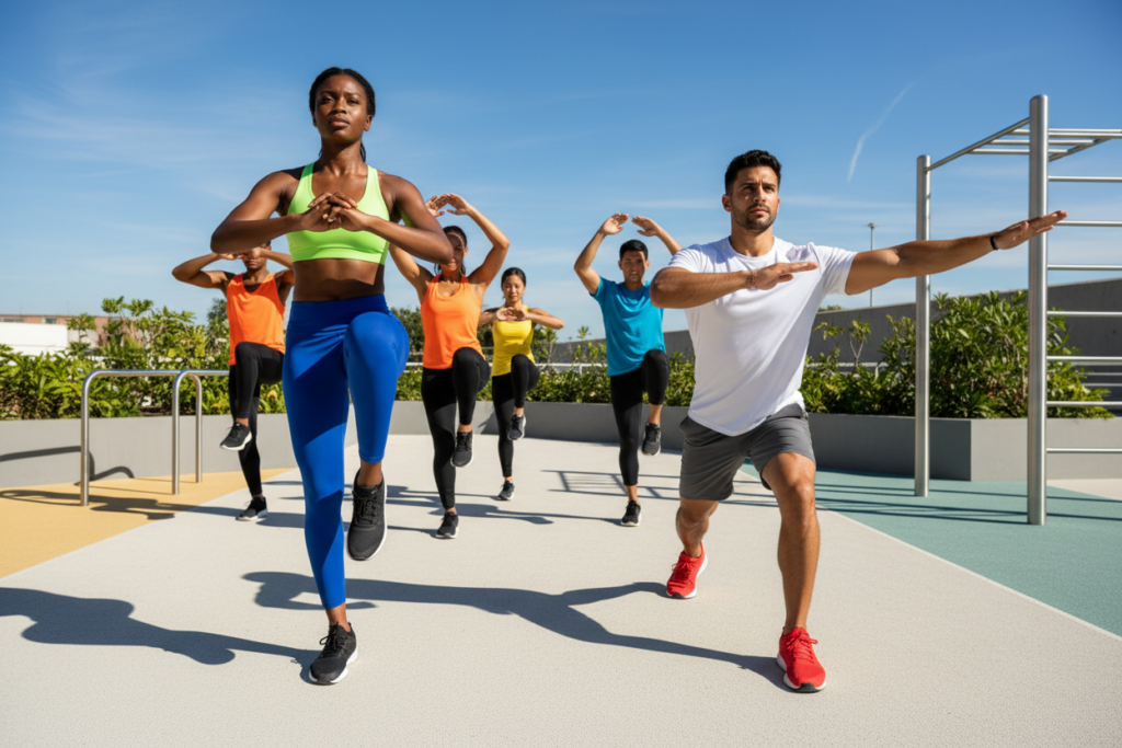 A diverse group of athletes engaged in dynamic stretches in a modern outdoor training environment. In the foreground, a Black woman is performing a high-knee stretch, showcasing her focused expression and athletic wear. Beside her, a Hispanic man executes a side lunge, his posture highlighting proper technique. In the background, a group of athletes of various ethnicities are seen warming up with dynamic movements, like arm circles and leg swings, beneath a clear blue sky. Sunlight casts a warm glow over the scene, emphasizing the vibrant colors of their clothing. The atmosphere is energetic and motivational, reflecting a commitment to fitness and teamwork. The image captures the essence of warmth and encouragement in a professional, yet relaxed setting. A diverse group of athletes engaged in dynamic stretches in a modern outdoor training environment. In the foreground, a Black woman is performing a high-knee stretch, showcasing her focused expression and athletic wear. Beside her, a Hispanic man executes a side lunge, his posture highlighting proper technique. In the background, a group of athletes of various ethnicities are seen warming up with dynamic movements, like arm circles and leg swings, beneath a clear blue sky. Sunlight casts a warm glow over the scene, emphasizing the vibrant colors of their clothing. The atmosphere is energetic and motivational, reflecting a commitment to fitness and teamwork. The image captures the essence of warmth and encouragement in a professional, yet relaxed setting.