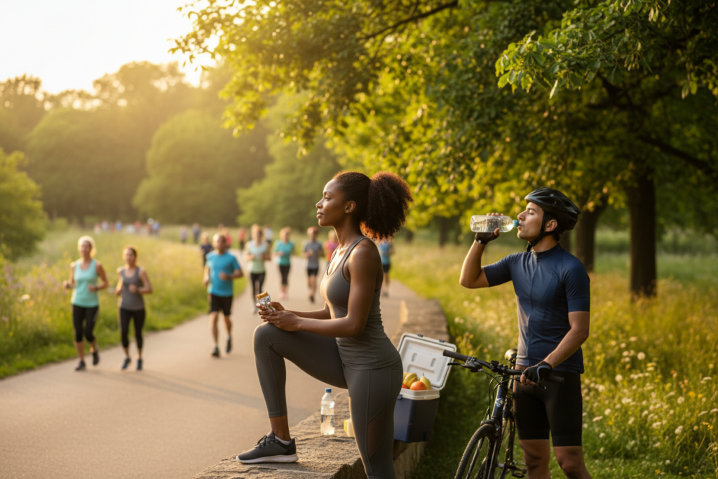 A diverse group of athletes engaged in various exercises in a sunlit park setting, capturing the essence of staying active and mindful of nutrition. In the foreground, a Black female runner is stretching while holding a small energy bar, displaying a focused yet relaxed expression. In the middle ground, a Hispanic male cyclist takes a sip from a water bottle, surrounded by lush green trees, symbolizing the importance of hydration and nutrition during exercise. The background features a serene pathway with busy joggers and nature, bathed in warm, golden-hour sunlight that creates a motivational and uplifting atmosphere. The composition should evoke feelings of energy and well-being, with a soft focus on the athletes to enhance the active yet approachable mood.