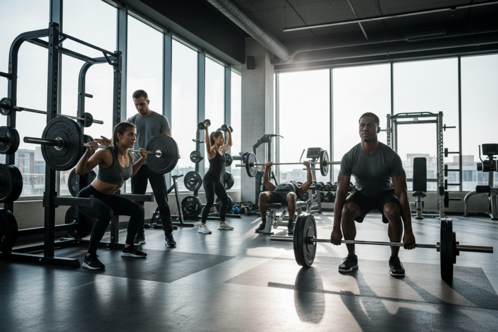 A diverse group of athletes performing various compound lifts in a sleek, modern gym setting. In the foreground, a focused male athlete executes a clean deadlift with perfect form, showcasing an athletic physique and wearing modest training attire. To the left, a female athlete performs a barbell squat, her concentration evident, while a trainer observes nearby, offering guidance. The middle ground features additional athletes engaged in bench presses and overhead lifts, all emphasizing strong and safe technique. The background showcases a well-equipped gym with natural lighting streaming through large windows, casting soft shadows that enhance the atmosphere of dedication and strength. The overall mood conveys a sense of determination, professionalism, and the commitment to safe training practices. A diverse group of athletes performing various compound lifts in a sleek, modern gym setting. In the foreground, a focused male athlete executes a clean deadlift with perfect form, showcasing an athletic physique and wearing modest training attire. To the left, a female athlete performs a barbell squat, her concentration evident, while a trainer observes nearby, offering guidance. The middle ground features additional athletes engaged in bench presses and overhead lifts, all emphasizing strong and safe technique. The background showcases a well-equipped gym with natural lighting streaming through large windows, casting soft shadows that enhance the atmosphere of dedication and strength. The overall mood conveys a sense of determination, professionalism, and the commitment to safe training practices.
