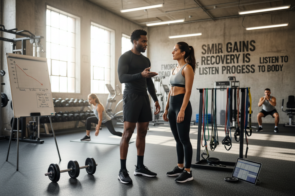 A dynamic scene illustrating "deload levers" in a modern fitness environment. In the foreground, diverse athletes, a Black male in professional athletic wear and a Hispanic female in fitted workout apparel, are engaged in a thoughtful discussion. They are surrounded by visual elements representing the concept of deloading, such as adjustable weights, charts with decreasing intensity levels, and exercise equipment like resistance bands. The middle ground features an open gym space with natural light streaming in, creating a bright and motivational ambiance. The background includes motivational quotes on walls and other athletes in moderate training, symbolizing balance and recovery. The atmosphere is focused and supportive, emphasizing the importance of strategic rest for optimal performance. A dynamic scene illustrating "deload levers" in a modern fitness environment. In the foreground, diverse athletes, a Black male in professional athletic wear and a Hispanic female in fitted workout apparel, are engaged in a thoughtful discussion. They are surrounded by visual elements representing the concept of deloading, such as adjustable weights, charts with decreasing intensity levels, and exercise equipment like resistance bands. The middle ground features an open gym space with natural light streaming in, creating a bright and motivational ambiance. The background includes motivational quotes on walls and other athletes in moderate training, symbolizing balance and recovery. The atmosphere is focused and supportive, emphasizing the importance of strategic rest for optimal performance.