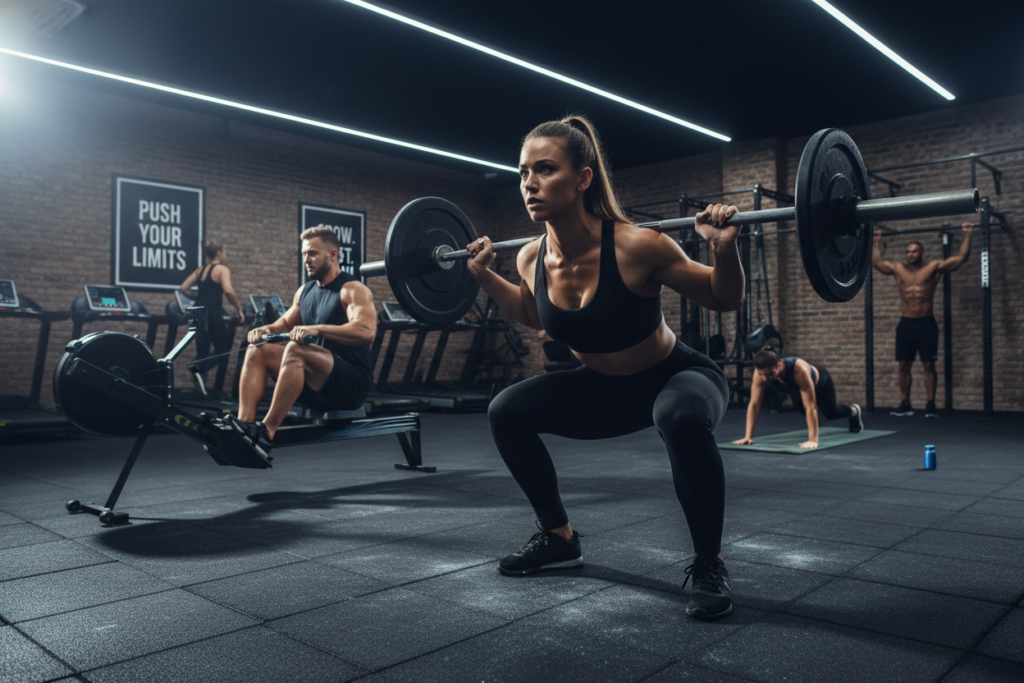 A dynamic scene showcasing diverse athletes engaged in strength training in a modern gym environment. In the foreground, a focused female athlete in professional workout attire is performing a barbell squat, demonstrating intense concentration and muscular effort. In the middle ground, a male athlete is utilizing a rowing machine, sweat glistening under bright overhead lights, highlighting their commitment to increasing workout volume. The background features a vibrant and well-equipped gym, with motivational posters on the walls and other athletes participating in various training exercises. The lighting is bright and energizing, with a slight lens flare effect to enhance the atmosphere of determination and progress. The overall mood is one of ambition and hard work, capturing the essence of pushing past strength plateaus. A dynamic scene showcasing diverse athletes engaged in strength training in a modern gym environment. In the foreground, a focused female athlete in professional workout attire is performing a barbell squat, demonstrating intense concentration and muscular effort. In the middle ground, a male athlete is utilizing a rowing machine, sweat glistening under bright overhead lights, highlighting their commitment to increasing workout volume. The background features a vibrant and well-equipped gym, with motivational posters on the walls and other athletes participating in various training exercises. The lighting is bright and energizing, with a slight lens flare effect to enhance the atmosphere of determination and progress. The overall mood is one of ambition and hard work, capturing the essence of pushing past strength plateaus.