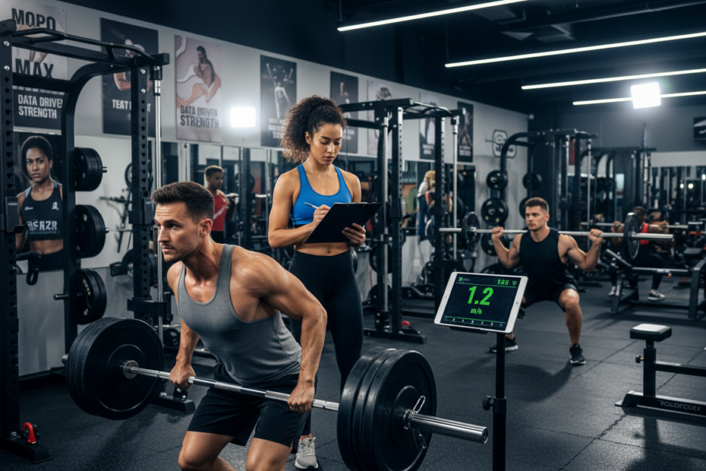 A modern gym setting filled with diverse athletes engaged in velocity-based training. In the foreground, a focused male athlete with short hair, wearing a fitted tank top and athletic shorts, is performing a deadlift while glancing at a high-tech feedback display showing real-time velocity metrics. In the middle ground, another athlete, a woman with curly hair in a ponytail, is taking notes on a clipboard, analyzing her performance data. The background features motivational posters and advanced training equipment. The lighting is bright and dynamic, emphasizing energy and intensity, shot from a slightly low angle to enhance the athletes' determination and effort. The atmosphere is one of focus, purpose, and professional growth, showcasing the importance of VBT feedback in enhancing strength training techniques.