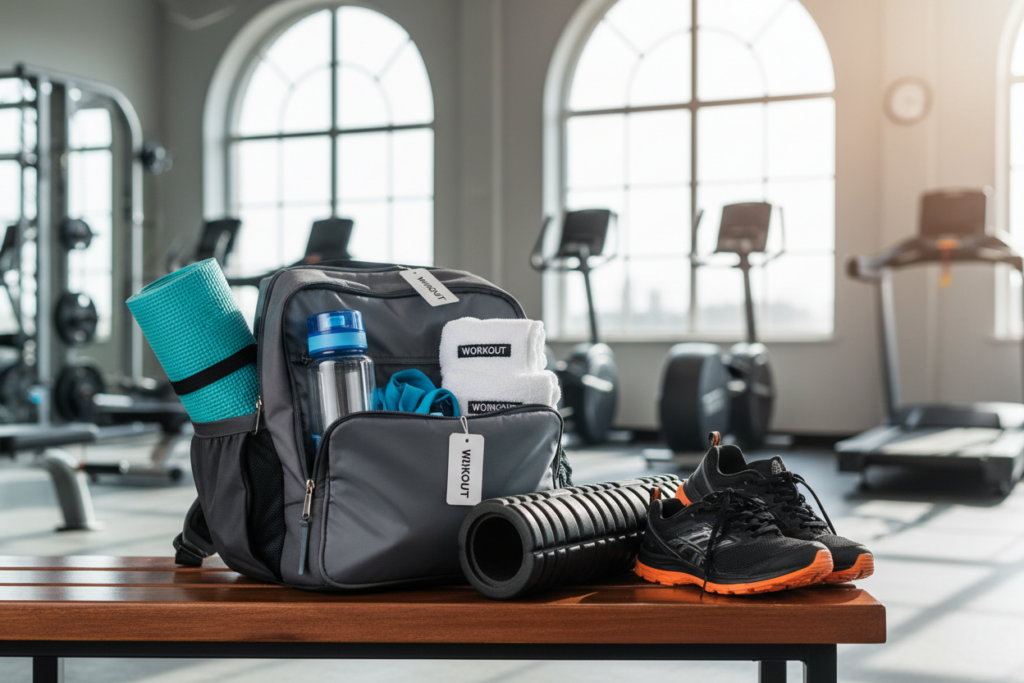 A neatly organized gym bag on a wooden bench, filled with essential fitness gear. In the foreground, display a stylish, spacious backpack open with compartments showcasing clean and labeled items: a water bottle, workout clothes, a yoga mat, and neatly rolled towels. In the middle ground, include a pair of running shoes and a foam roller beside the bag, emphasizing a tidy arrangement. In the background, a well-lit gym environment with soft, natural light filtering through large windows, highlighting the freshness of the setup. The mood conveys motivation and clarity, aimed at inspiring beginners to prepare efficiently for workouts. The overall composition is focused and harmonious, showcasing a modern and functional approach to gym bag organization.