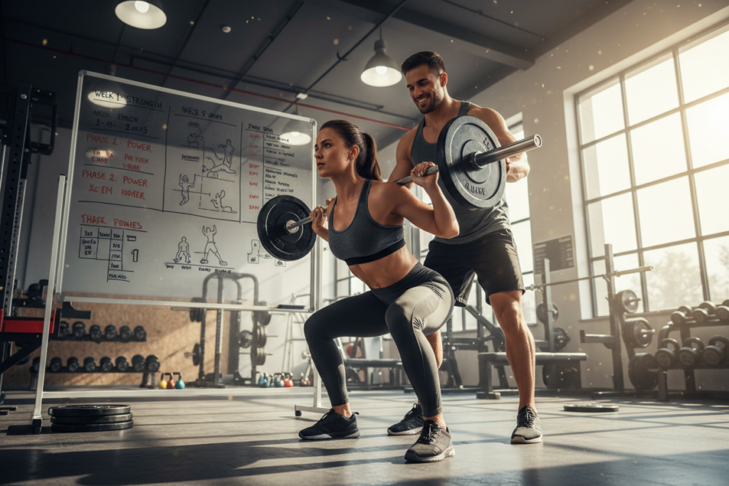 A professional training program illustration featuring a diverse group of athletes engaging in advanced strength training exercises within a modern gym setting. In the foreground, a focused female athlete performs a squat with a barbell, showcasing technique and determination. Behind her, a male athlete adjusts equipment, highlighting teamwork and collaboration. The middle ground includes a whiteboard with clear, organized programming frameworks and progression charts, symbolizing strategic planning. The background showcases a well-equipped gym with natural light streaming through large windows, enhancing a motivational atmosphere. Use soft, bright lighting to create an energizing mood, shot from a dynamic angle that emphasizes the athletes' movements and the strategic elements of their training.