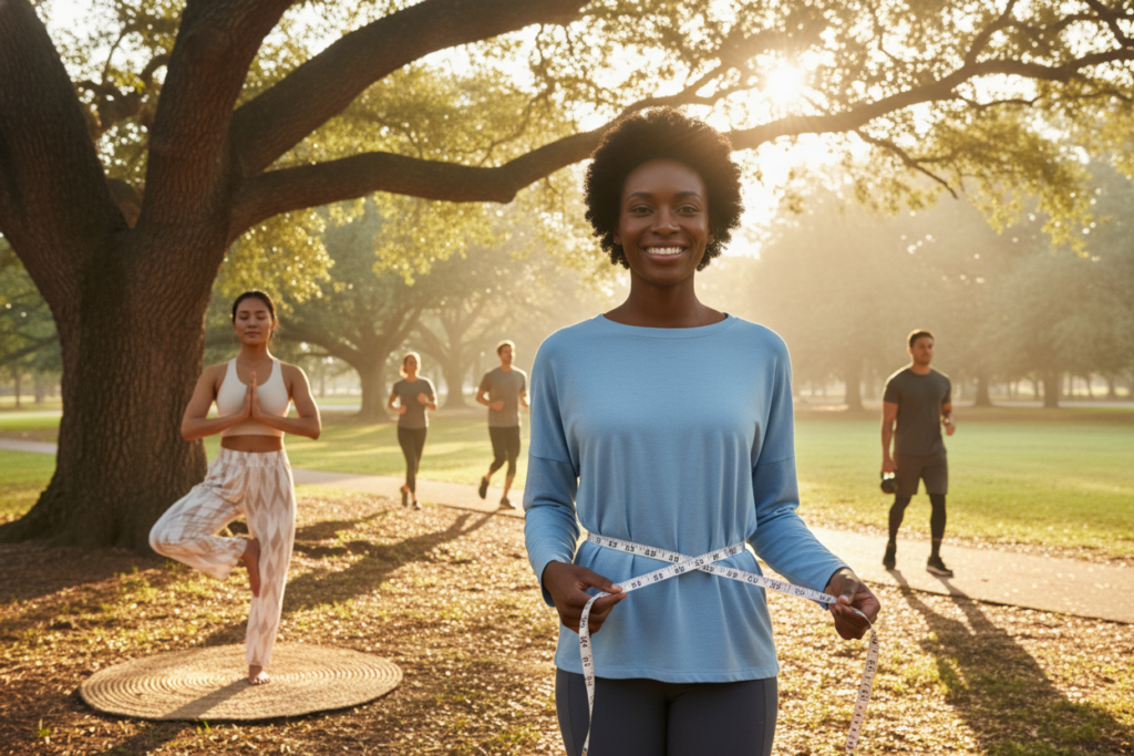 A serene outdoor setting featuring a diverse group of athletes engaged in different fitness activities, such as yoga, running, and strength training. In the foreground, a smiling woman in modest athletic wear measures her waist with a tape measure, exuding confidence and positivity. The middle ground shows another athlete practicing yoga in a peaceful park, representing body awareness and balance. In the background, lush greenery and soft sunlight filtering through trees create a calming atmosphere. The lighting is warm and inviting, with a soft focus lens effect that enhances the sense of tranquility. The overall mood is uplifting and stress-free, encouraging a positive relationship with fitness and body changes.