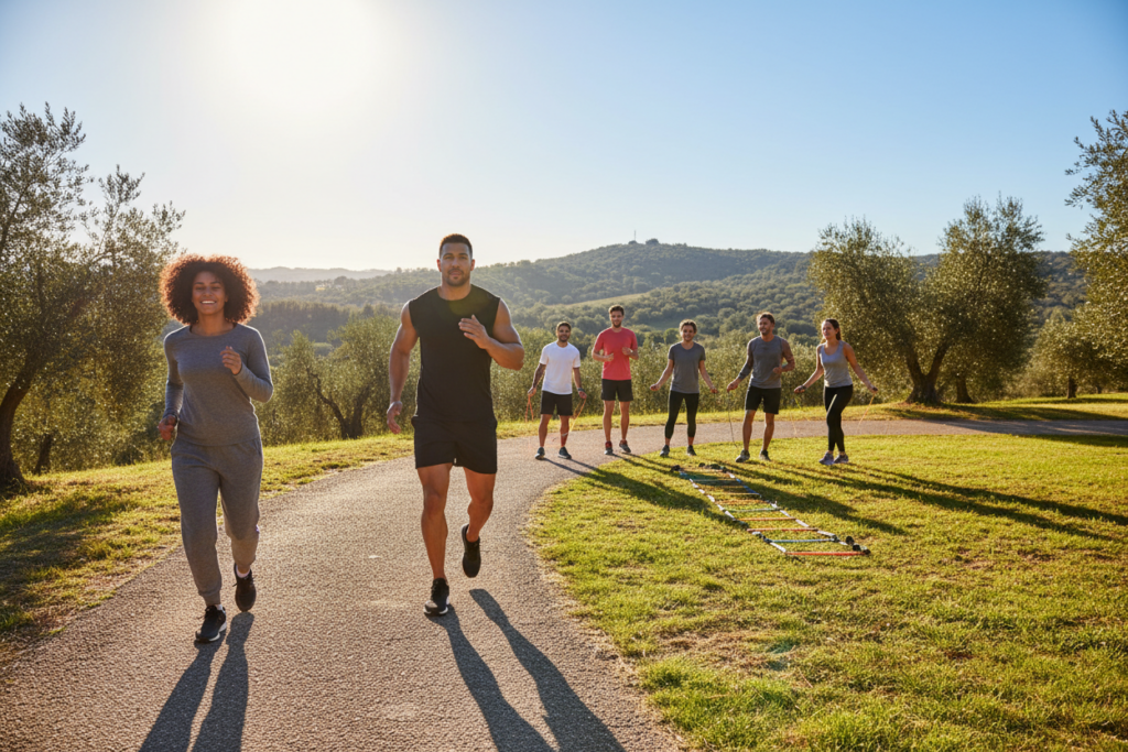 A vibrant outdoor scene depicting a diverse group of athletes engaged in various cardio activities. In the foreground, a woman in modest activewear jogs on a sunlit pathway, while a man does interval sprints nearby, both showcasing determination. The middle ground features a small group participating in a fun fitness class, using jump ropes and agility ladders. In the background, rolling hills and green trees create a serene setting under a bright blue sky, with soft sunlight filtering through. The angle is slightly elevated, providing a dynamic perspective that captures the energy and enthusiasm of the moment. The overall mood conveys motivation and balance in fitness, emphasizing the theme of effective cardio programming without burnout. A vibrant outdoor scene depicting a diverse group of athletes engaged in various cardio activities. In the foreground, a woman in modest activewear jogs on a sunlit pathway, while a man does interval sprints nearby, both showcasing determination. The middle ground features a small group participating in a fun fitness class, using jump ropes and agility ladders. In the background, rolling hills and green trees create a serene setting under a bright blue sky, with soft sunlight filtering through. The angle is slightly elevated, providing a dynamic perspective that captures the energy and enthusiasm of the moment. The overall mood conveys motivation and balance in fitness, emphasizing the theme of effective cardio programming without burnout.
