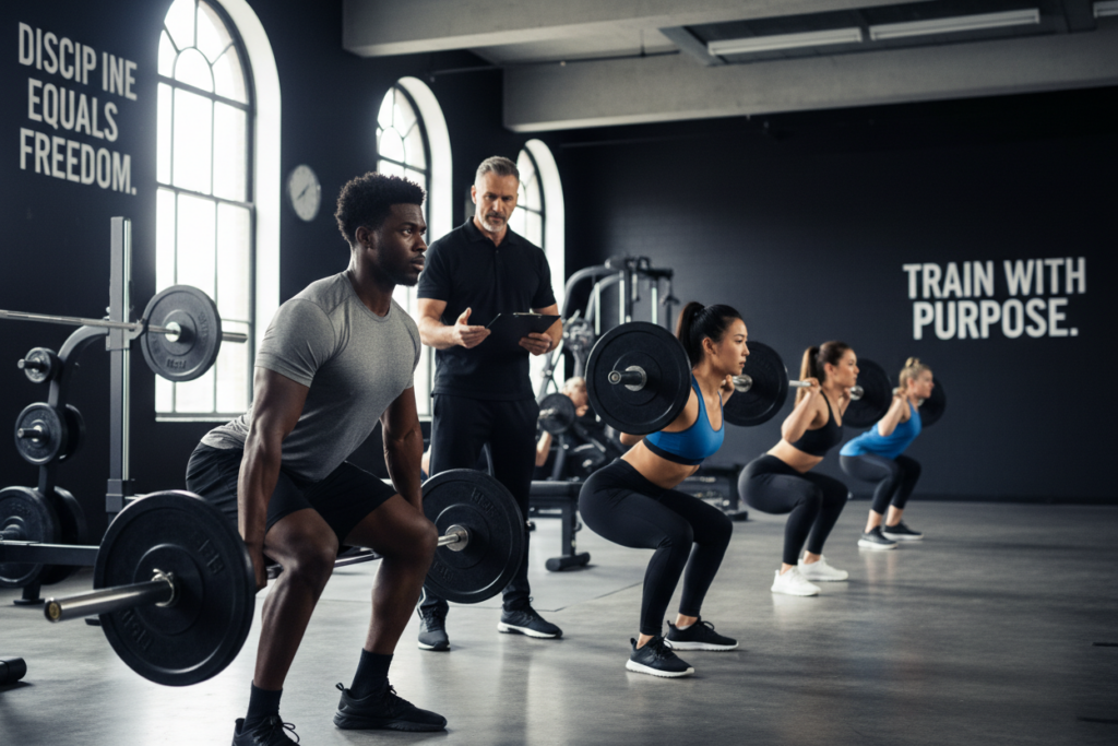 Diverse group of experienced athletes engaged in a focused training session, emphasizing proper lifting techniques and intensity control. In the foreground, a male athlete in a fitted, modest gym outfit demonstrates a correct deadlift, showcasing perfect form and concentration. In the middle ground, a female athlete performs a squat with attention to her stance and posture, while a coach in professional attire observes from the side, providing constructive feedback. The background features a modern, well-lit gym with sleek equipment and motivational quotes on the walls, creating an inspiring environment. Soft, natural light streams through large windows, enhancing the atmosphere of dedication and professionalism in fitness. The overall mood conveys intensity but maintains an air of discipline and safety in athletes’ training practices.