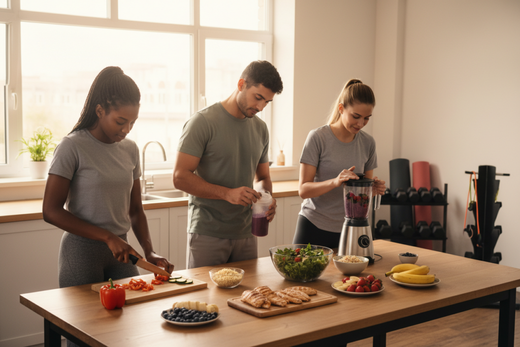 A clean, modern kitchen setting with a bright, natural light coming through a large window. In the foreground, a diverse group of athletes, including a Black woman, a Hispanic man, and a Caucasian woman, are preparing simple muscle recovery meals. They are chopping colorful vegetables, measuring protein powder, and blending a smoothie, all while wearing modest, casual workout attire. In the middle, a wooden dining table showcases a visually appealing spread of nutritious foods such as lean grilled chicken, quinoa, mixed greens, and fresh fruits like bananas and berries. In the background, fitness equipment like dumbbells and yoga mats indicate a health-focused lifestyle. The overall atmosphere is energetic and encouraging, promoting healthy habits without complexity. Soft, inviting lighting sets a vibrant, motivational mood.