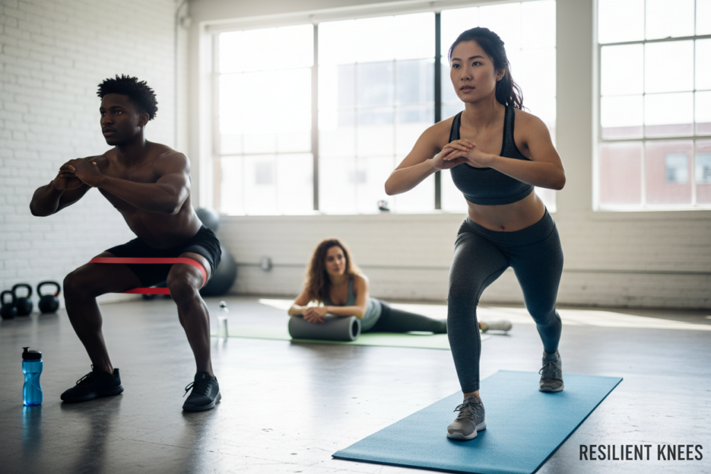 A diverse group of athletes engaged in strengthening exercises for knee resilience, set in a clean, modern fitness studio. In the foreground, a female athlete of Asian descent performs a single-leg balance exercise on an exercise mat, focused and determined. To the left, a Black male athlete demonstrates a squat with a resistance band, showcasing knee stability. In the middle, a Hispanic female athlete uses a foam roller to enhance flexibility on a fitness mat. The background features large windows allowing natural light to flood in, creating a bright and uplifting atmosphere. The scene conveys a sense of community and dedication, emphasizing the importance of resilience in knee health. The composition is shot at eye level with soft focus on the background, highlighting the athletes' form and determination. A diverse group of athletes engaged in strengthening exercises for knee resilience, set in a clean, modern fitness studio. In the foreground, a female athlete of Asian descent performs a single-leg balance exercise on an exercise mat, focused and determined. To the left, a Black male athlete demonstrates a squat with a resistance band, showcasing knee stability. In the middle, a Hispanic female athlete uses a foam roller to enhance flexibility on a fitness mat. The background features large windows allowing natural light to flood in, creating a bright and uplifting atmosphere. The scene conveys a sense of community and dedication, emphasizing the importance of resilience in knee health. The composition is shot at eye level with soft focus on the background, highlighting the athletes' form and determination.