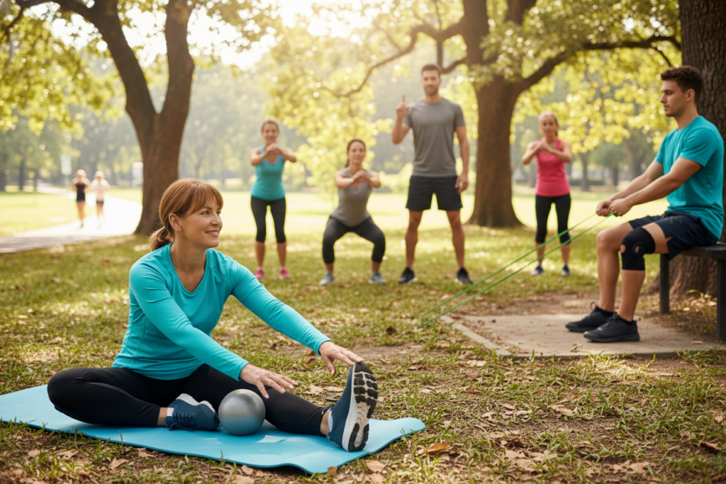 A serene outdoor fitness scene showcasing diverse athletes engaging in knee health maintenance exercises. In the foreground, a middle-aged woman in modest athletic wear is performing a gentle stretch, focusing on her knee stability. Beside her, a young man with a knee brace is using resistance bands to strengthen his leg. In the middle ground, a personal trainer guides a small group of individuals through proper form, emphasizing supportive techniques for injury prevention. The background features a lush park with soft sunlight filtering through trees, enhancing the tranquil atmosphere. The image should capture a sense of community and dedication to long-term health, with a soft focus on the athletes' movements to convey motion and vitality. Use natural lighting to create an uplifting mood, suggesting positivity and resilience in rehabilitation efforts.