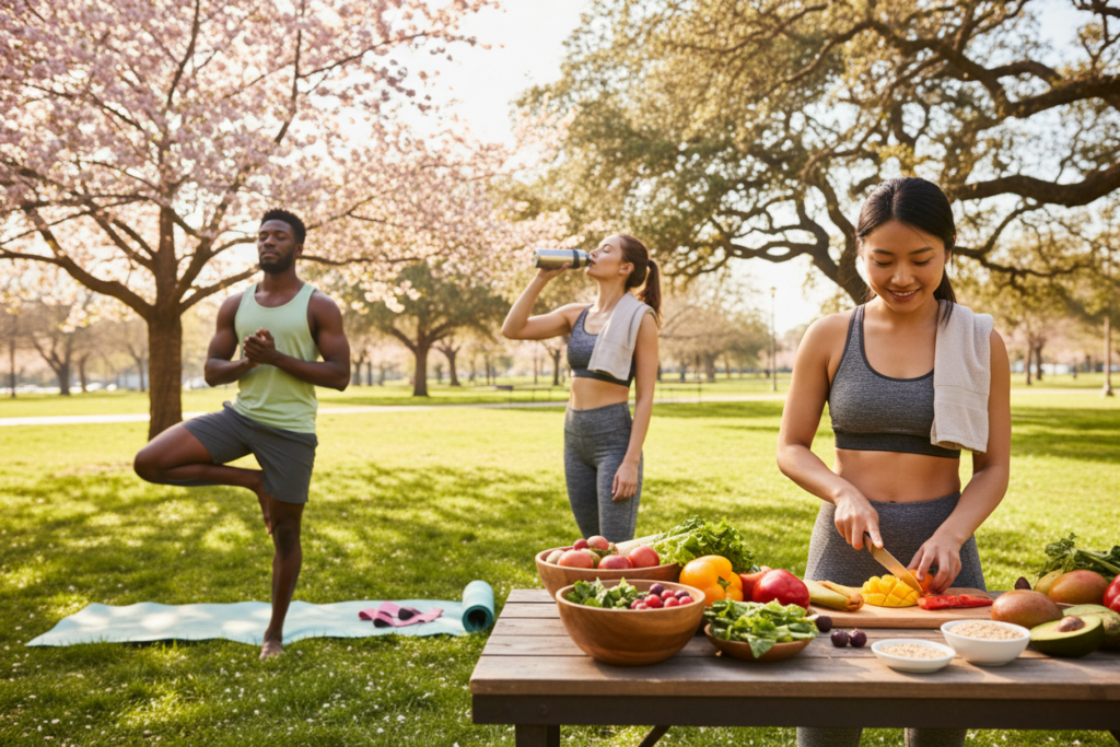 A serene outdoor scene depicting diverse athletes engaged in lifestyle adjustments for rehabilitation. In the foreground, a female athlete of Asian descent is preparing a nutritious meal, surrounded by colorful fruits and vegetables on a wooden table. To the left, a male athlete of African descent is practicing yoga on a grassy patch, illustrating mindfulness and physical recovery. In the middle, a Caucasian female athlete is hydrating with a water bottle after a workout session. The background features a bright and sunny park with soft green grass and blooming trees, creating an uplifting atmosphere. Use soft natural lighting to enhance the warmth of the scene, captured from a slightly elevated angle to showcase all activities harmoniously, emphasizing a sense of community and health-focused living.