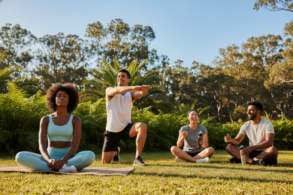 A serene outdoor scene showcasing a diverse group of athletes engaged in various active recovery methods. In the foreground, a Black woman practicing gentle yoga on a mat, her body relaxed and in harmony with nature. Beside her, a Hispanic man performing dynamic stretches against a backdrop of lush greenery. In the middle ground, a group of individuals discussing and sharing hydration tips while seated on a grassy knoll. The background features trees and a clear blue sky, with soft, golden sunlight casting a warm glow over the scene, creating a tranquil atmosphere. The image is captured at a slight angle, providing depth and inviting viewers to join this uplifting recovery experience while emphasizing wellness and community. A serene outdoor scene showcasing a diverse group of athletes engaged in various active recovery methods. In the foreground, a Black woman practicing gentle yoga on a mat, her body relaxed and in harmony with nature. Beside her, a Hispanic man performing dynamic stretches against a backdrop of lush greenery. In the middle ground, a group of individuals discussing and sharing hydration tips while seated on a grassy knoll. The background features trees and a clear blue sky, with soft, golden sunlight casting a warm glow over the scene, creating a tranquil atmosphere. The image is captured at a slight angle, providing depth and inviting viewers to join this uplifting recovery experience while emphasizing wellness and community.