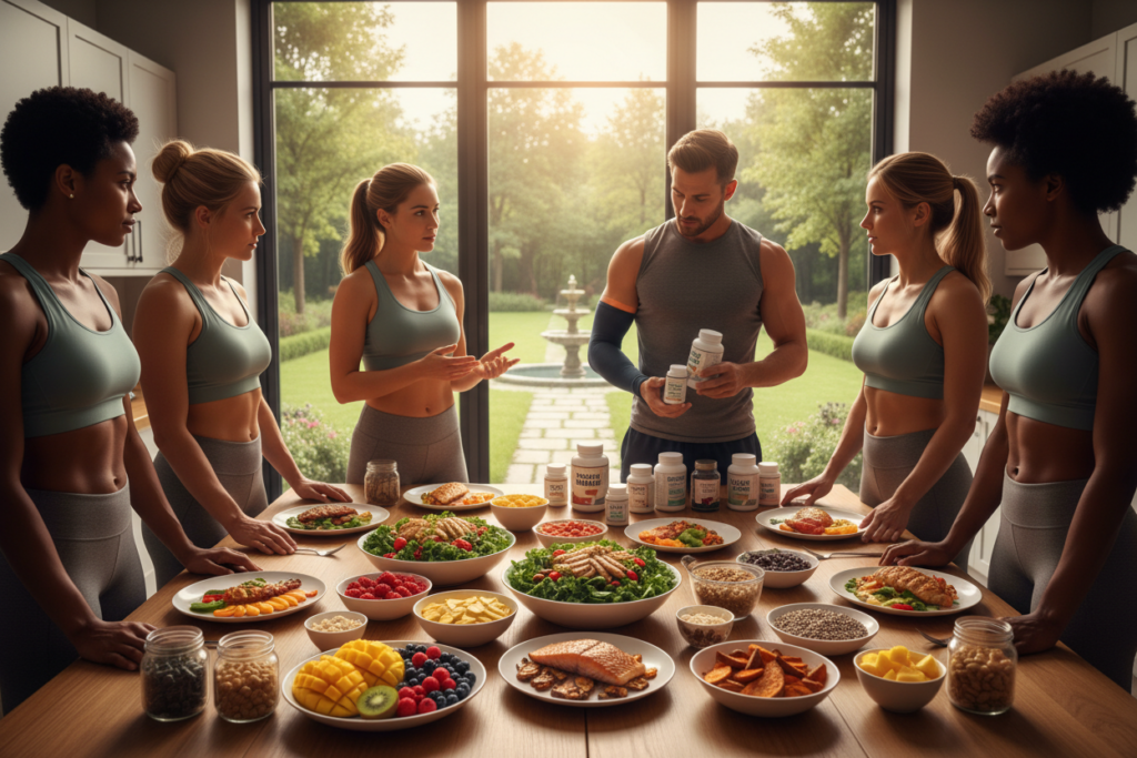A bright, modern kitchen scene featuring a diverse group of athletes in professional casual attire, discussing post-surgical nutrition strategies. In the foreground, a table is set with vibrant plates of fresh, nutrient-rich foods like colorful fruits, leafy greens, lean proteins, and whole grains. The middle ground shows two athletes animatedly examining supplements like vitamins and protein powders, with nutrition labels clearly visible, emphasizing their importance for recovery. In the background, sunlit windows reveal a serene outdoor view, adding a sense of tranquility. The overall lighting is warm and inviting, creating a positive and motivational atmosphere that highlights the theme of healing through nutrition. A bright, modern kitchen scene featuring a diverse group of athletes in professional casual attire, discussing post-surgical nutrition strategies. In the foreground, a table is set with vibrant plates of fresh, nutrient-rich foods like colorful fruits, leafy greens, lean proteins, and whole grains. The middle ground shows two athletes animatedly examining supplements like vitamins and protein powders, with nutrition labels clearly visible, emphasizing their importance for recovery. In the background, sunlit windows reveal a serene outdoor view, adding a sense of tranquility. The overall lighting is warm and inviting, creating a positive and motivational atmosphere that highlights the theme of healing through nutrition.