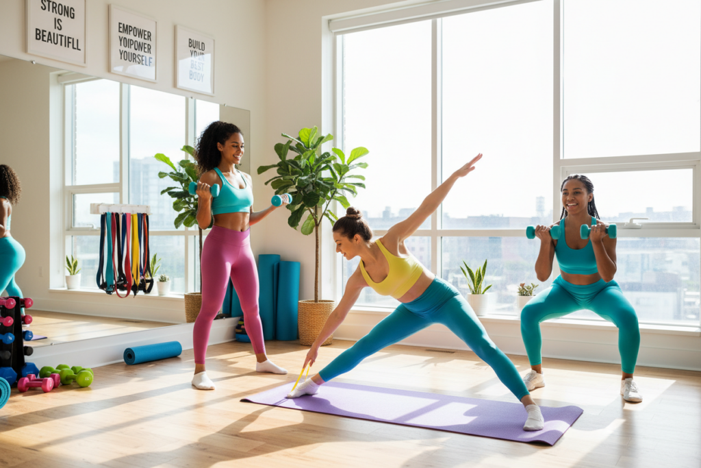 A cozy home workout space designed for women, showcasing a well-organized area featuring a yoga mat, resistance bands, and a set of dumbbells in vibrant colors. In the foreground, a diverse group of women in modest athletic wear are engaged in a workout, emphasizing strength training and flexibility exercises. The background reveals bright, natural lighting coming through large windows, illuminating the clean, modern decor with potted plants, motivational quotes on the wall, and a mirror for form-checking. The atmosphere is encouraging and energetic, promoting a sense of community and empowerment. The image captures a dynamic, inviting space conducive to achieving lean muscle gain.