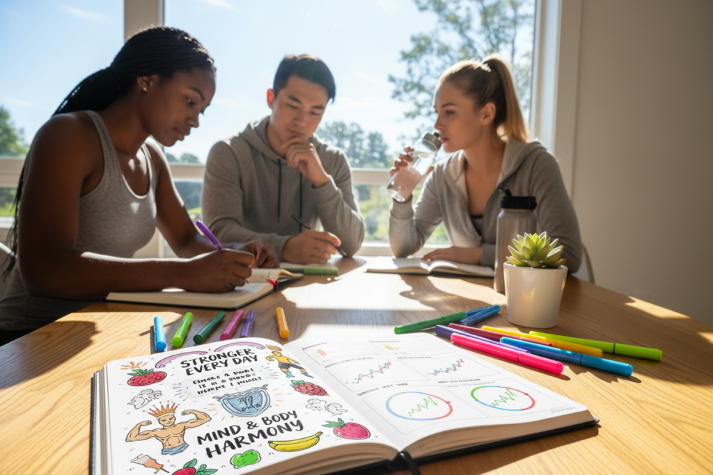 A creative fitness journal spread beautifully arranged on a wooden table in a bright, sunlit room. In the foreground, a sleek, open journal features vibrant hand-drawn illustrations and motivational quotes alongside neatly listed workout routines and progress tracking graphs. Scattered around are colorful pens, highlighters, and a small potted plant, adding a touch of greenery. In the middle, a diverse group of athletes, dressed in comfortable yet professional activewear, are engaged in thoughtful journaling, with one athlete actively writing and another reviewing their notes. The background shows a large window with natural light streaming in, enhancing a motivating atmosphere. Soft shadows create a calm, inspiring mood, and the overall composition invites viewers to imagine the joy of keeping a personal fitness journal.