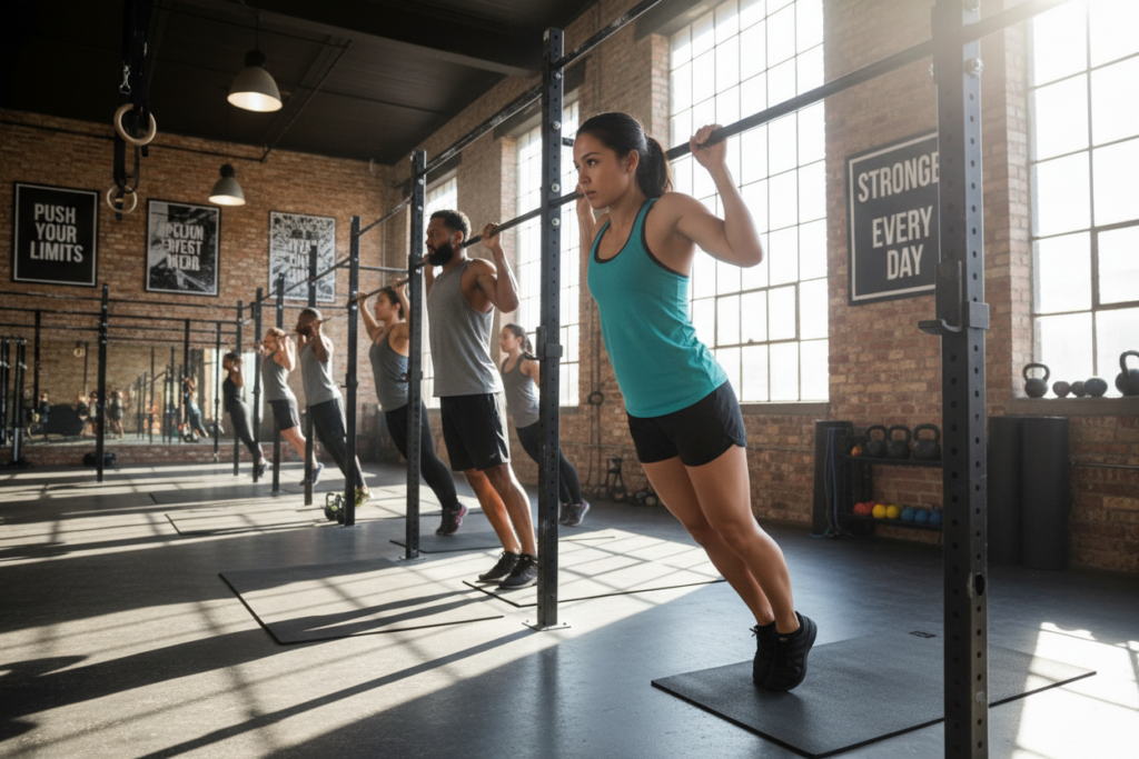 A diverse group of athletes performing scapular pull-up drills in a bright, open gym setting, featuring a mix of genders and ethnicities. In the foreground, a female athlete, wearing a fitted athletic tank top and shorts, focuses on her form, emphasizing her shoulders down as she engages in the drill. Another athlete, positioned mid-frame to the left, showcases proper technique with a well-defined posture. The background consists of a modern gym with large windows allowing natural light to flood in, enhancing the dynamic atmosphere. Equipment like pull-up bars and fitness mats are neatly arranged, while motivational posters adorn the walls. Capture the image from a slightly low angle to highlight the athletes' determination and effort, creating a motivational and inspiring mood. A diverse group of athletes performing scapular pull-up drills in a bright, open gym setting, featuring a mix of genders and ethnicities. In the foreground, a female athlete, wearing a fitted athletic tank top and shorts, focuses on her form, emphasizing her shoulders down as she engages in the drill. Another athlete, positioned mid-frame to the left, showcases proper technique with a well-defined posture. The background consists of a modern gym with large windows allowing natural light to flood in, enhancing the dynamic atmosphere. Equipment like pull-up bars and fitness mats are neatly arranged, while motivational posters adorn the walls. Capture the image from a slightly low angle to highlight the athletes' determination and effort, creating a motivational and inspiring mood.
