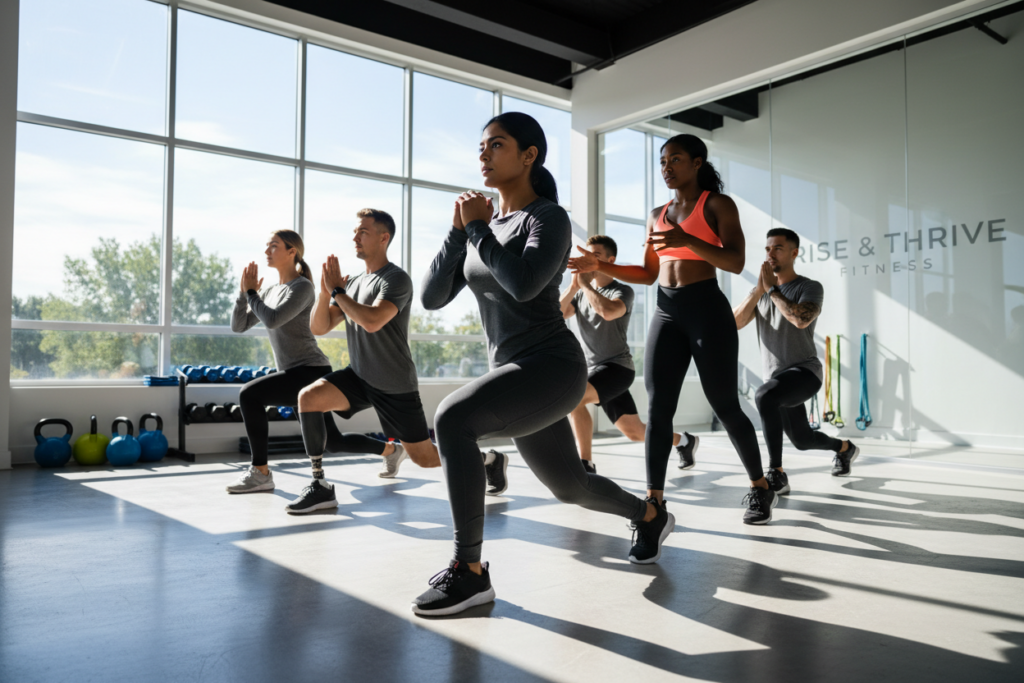 A diverse group of athletes performing walking lunges in a well-lit, modern fitness studio. In the foreground, a strong, focused woman in modest athletic wear demonstrates perfect lunge form, emphasizing knee alignment and stability, with her front knee directly above her ankle. The middle layer shows an instructor offering guidance, highlighting safety tips and proper body mechanics, ensuring athletes maintain correct posture. In the background, large windows let in bright, natural light, creating an uplifting atmosphere. The studio has sleek, minimalist decor and colorful fitness equipment, enhancing a motivational ambiance. Capture the essence of health, safety, and technique in a dynamic yet harmonious composition. The focus is on athleticism and proper alignment, conveying a sense of empowerment and well-being.