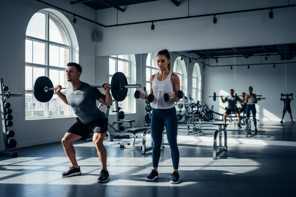 A dynamic gym scene illustrating the contrast between compound and isolation exercises. In the foreground, a male athlete performs a barbell squat, showcasing strength and stability, dressed in a fitted athletic shirt and shorts. Beside him, a female athlete engages in a bicep curl with dumbbells, highlighting an isolation exercise, wearing a stylish tank top and leggings. The middle ground features a modern fitness studio with clean lines, brightly lit by natural light streaming through large windows. In the background, a wall of mirrors reflects diverse athletes working out, emphasizing a collaborative and motivating atmosphere. The overall mood is energetic and inspiring, capturing the essence of fitness and athleticism with a focus on technique and determination.