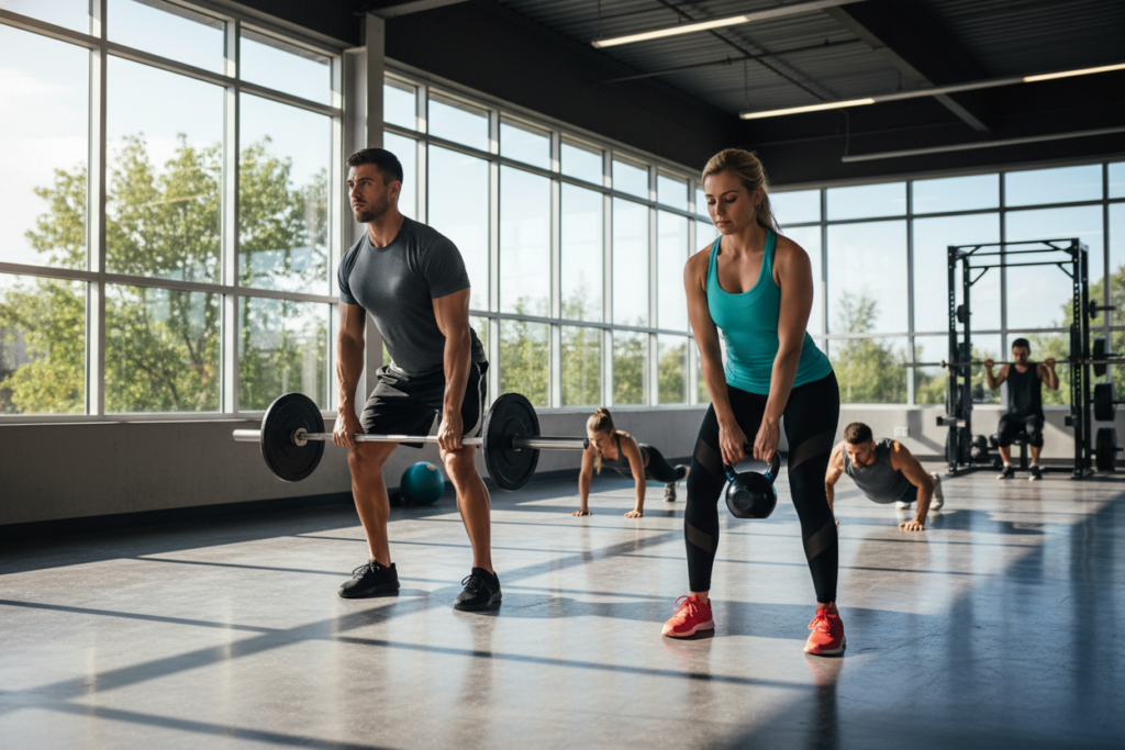 A dynamic scene showcasing diverse athletes performing hip hinge exercises in a modern gym setting. In the foreground, a male athlete in a fitted athletic shirt and shorts demonstrates a hip hinge movement with a barbell, emphasizing proper form. Beside him, a female athlete in a moisture-wicking tank top and leggings is practicing with a kettlebell, both focused on their technique. In the middle ground, other individuals are engaged in various workout routines, showcasing a vibrant sense of community. The background features large windows allowing natural light to flood the space, enhancing the modern aesthetic with a hint of greenery outside. Soft shadows play across the polished gym floor, creating an inviting and motivating atmosphere that encourages safety and fitness. The angle captures the essence of the workout, highlighting the importance of integration in a training regimen. A dynamic scene showcasing diverse athletes performing hip hinge exercises in a modern gym setting. In the foreground, a male athlete in a fitted athletic shirt and shorts demonstrates a hip hinge movement with a barbell, emphasizing proper form. Beside him, a female athlete in a moisture-wicking tank top and leggings is practicing with a kettlebell, both focused on their technique. In the middle ground, other individuals are engaged in various workout routines, showcasing a vibrant sense of community. The background features large windows allowing natural light to flood the space, enhancing the modern aesthetic with a hint of greenery outside. Soft shadows play across the polished gym floor, creating an inviting and motivating atmosphere that encourages safety and fitness. The angle captures the essence of the workout, highlighting the importance of integration in a training regimen.