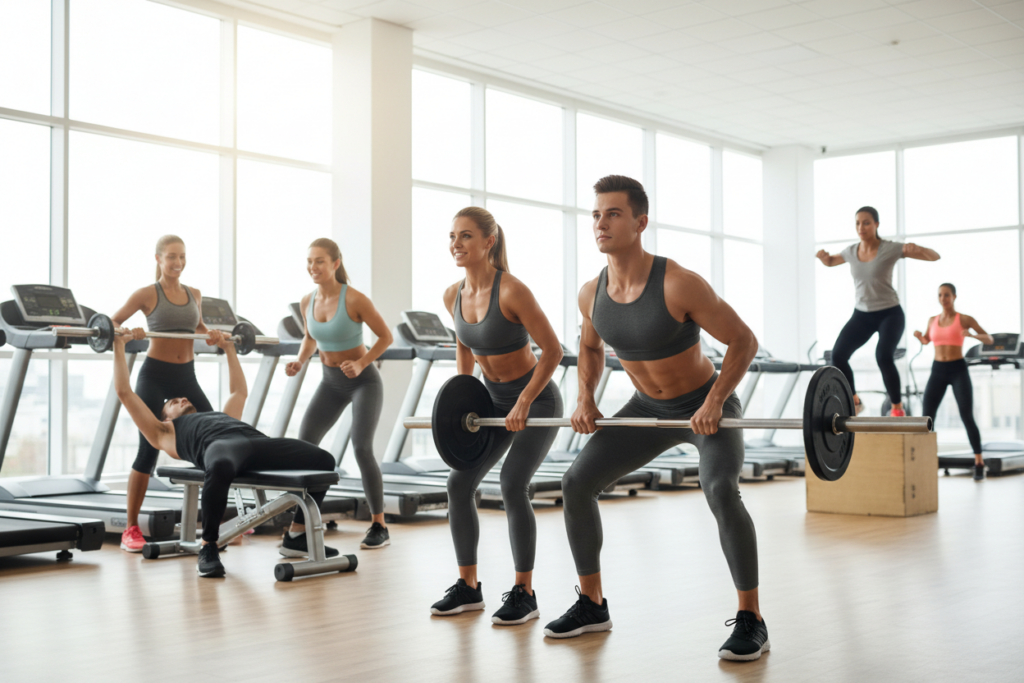 A fitness scene captured in a bright, airy gym, where a diverse group of athletes is engaging in personalized training sessions. In the foreground, a professional female personal trainer, dressed in smart athletic wear, demonstrates a weightlifting technique to a focused young man, who is attentively following her guidance. In the middle, a diverse group of individuals performs various exercises with modern equipment, showcasing teamwork and motivation. The background features large windows letting in natural light, emphasizing a clean and uplifting atmosphere. The lighting is bright and soft, highlighting the athletes' dedication and effort, while the camera angle captures the dynamism and energy of the training environment, exuding a mood of positivity and professionalism.