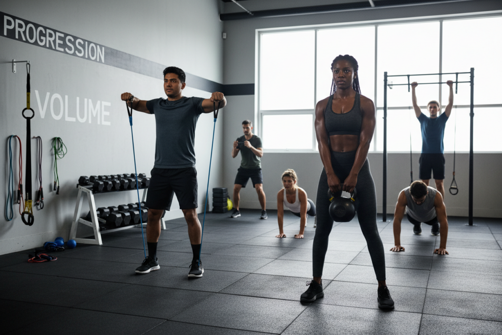 A modern fitness setting featuring a diverse group of athletes engaged in various strength training exercises using limited equipment like resistance bands, kettlebells, and body weight. In the foreground, a focused athlete monitors their form while performing a kettlebell swing, showcasing good posture and concentrated effort. In the middle ground, another athlete can be seen utilizing resistance bands for a shoulder press, emphasizing the concept of training volume. The background reveals a small gym environment, with minimalistic equipment and bright, natural lighting streaming through large windows, creating an inviting and motivational atmosphere. The image captures an essence of determination and progress, highlighting the strategies of training volume and progressive overload in a visually engaging manner.