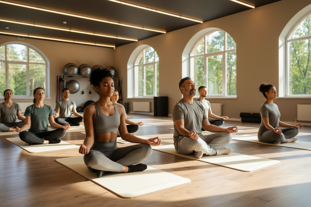 A serene gym space designed for mindfulness meditation, featuring a diverse group of athletes in modest yoga attire engaging in various meditation poses on soft mats. In the foreground, a young Black woman sits cross-legged with her eyes closed, radiating calm, while a middle-aged Asian man practices mindfulness with a gentle smile. In the middle ground, a spacious area showcases large windows letting in natural light, illuminating contemporary equipment like exercise balls and foam rollers. The background reveals lush greenery visible through the windows, enhancing the tranquil atmosphere. Soft, warm lighting creates a peaceful ambiance, while the camera angle captures the scene from a slight elevation, providing a sense of openness and harmony. The overall mood is serene, promoting inner peace and self-acceptance.