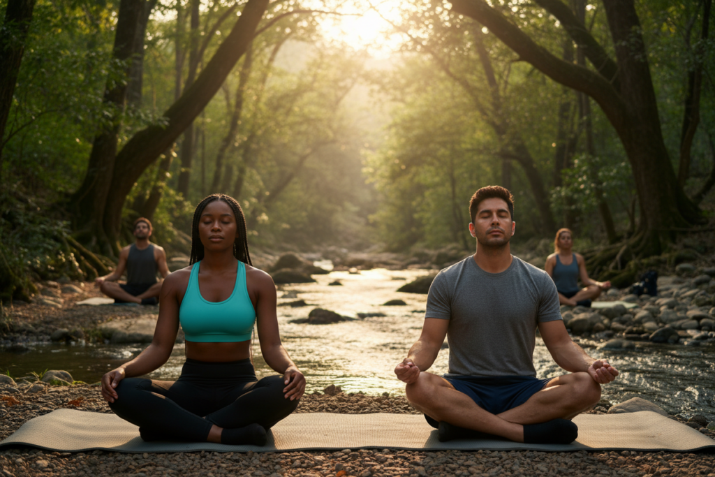 A serene outdoor scene depicting a diverse group of athletes engaging in a pre-workout breathing routine to enhance focus. In the foreground, two individuals, a Black woman and a Hispanic man, are seated cross-legged on yoga mats, eyes closed, practicing deep breathing techniques. They are dressed in modern fitness attire, radiating calm and concentration. In the middle ground, a gentle stream flows, surrounded by lush greenery, with the sunlight filtering through the trees, creating a warm and inviting atmosphere. In the background, silhouettes of more athletes can be seen, some stretching and others meditating, enhancing the sense of community and tranquility. The lighting is soft and golden, suggesting early morning serenity, with a shallow depth of field to keep the focus on the breathing athletes. The overall mood is peaceful and uplifting, emphasizing the importance of mindfulness in fitness.