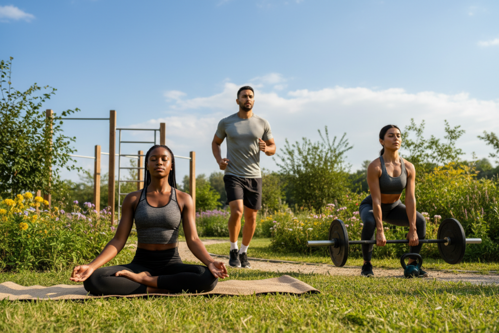 A serene outdoor setting showcasing a diverse group of athletes engaging in various fitness activities that symbolize a balanced routine for mind and body. In the foreground, a Black woman practices yoga on a mat, embodying tranquility and focus, while a Middle-Eastern man jogs in the background, displaying determination. To the side, a Hispanic woman lifts weights, exuding strength and resilience. The middle ground features lush greenery and exercise equipment subtly positioned. In the background, a bright blue sky with fluffy clouds suggests an airy atmosphere. Soft, natural lighting enhances the scene, creating a calm and inviting mood. Capture the image at a slight angle to provide depth and perspective, emphasizing the harmony between physical activity and mental clarity.