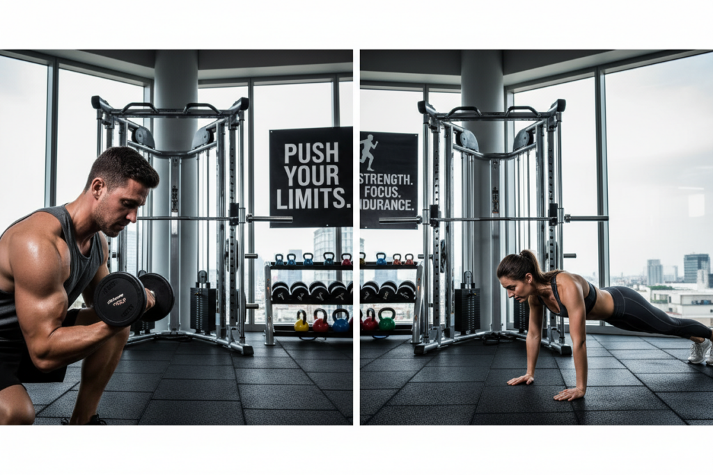 A split image depicting isotonic and isometric exercises in a modern gym environment. In the foreground, a diverse group of athletes is engaged in contrasting activities: on the left, a male athlete performing a bicep curl with weights, showcasing isotonic exercise, with dynamic movement and muscle tension. On the right, a female athlete performing a plank, illustrating isometric exercise with a strong, stable posture. The middle section features clean gym equipment and motivational posters. The background includes large windows letting in soft, natural light, creating a bright and encouraging atmosphere. Use a wide-angle perspective to capture the action and energy, focusing on the determination on the athletes' faces while maintaining a professional and modern aesthetic.