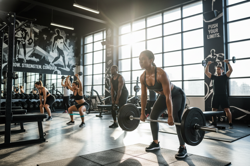 A vibrant gym environment showcasing diverse athletes engaged in progressive overload exercises. In the foreground, a focused woman in professional athletic wear expertly performing a deadlift with a weighted barbell, muscles highlighted by soft, dynamic lighting. In the middle, a diverse group of athletes varies in gender and ethnicity, each utilizing different pieces of gym equipment, such as kettlebells and resistance bands, demonstrating progressive techniques. The background features large windows with natural light streaming in, illuminating the modern gym space filled with motivational wall art and fitness gear. The atmosphere is energetic and focused, conveying determination and the essence of advancing one's fitness routine. The shot is taken from a slightly elevated angle, emphasizing the athletes' forms and the equipment.