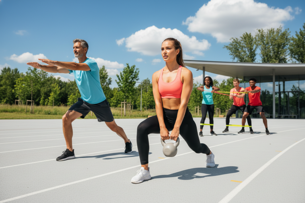 A vibrant outdoor fitness scene featuring diverse athletes engaging in mobility and strength training exercises. In the foreground, a focused young woman performs a deep lunge with a light kettlebell, demonstrating strength and flexibility in her athletic apparel. Beside her, a middle-aged man practices a dynamic stretch, showcasing his balance and mobility. In the middle ground, a group of individuals work together in pairs, performing resistance band exercises against a backdrop of lush green trees and a clear blue sky. The lighting is bright and natural, highlighting their movements and the determination on their faces. A wide-angle lens captures the camaraderie and energy of the training session, evoking a sense of empowerment and well-being in a clean, modern fitness environment.