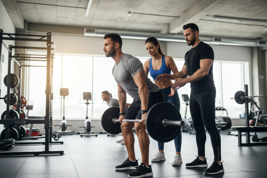 A diverse group of athletes engaged in lifting exercises in a modern gym setting, focusing on proper technique and self-cueing. In the foreground, a male athlete in modest, fitted workout gear is performing a deadlift, concentric muscles clearly defined, while a female athlete in similar attire observes closely, offering supportive coaching cues. The middle ground shows a personal trainer demonstrating correct posture with another lifter, emphasizing strong, aligned backs. The background features gym equipment, bright overhead lighting, and large windows allowing natural light to create an inviting atmosphere. The overall mood conveys empowerment and dedication, highlighting continuous improvement in lifting form. The image composition uses a dynamic angle to capture action and intent, with a soft-focus effect on the background to draw attention to the athletes.