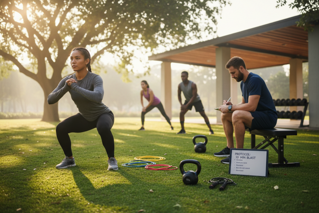 A diverse group of athletes engaging in a focused workout session outdoors, surrounded by a clean and modern fitness environment. In the foreground, a determined female athlete demonstrates a dynamic bodyweight exercise, wearing modest activewear, while a male athlete in the background sketches a simple training protocol on a tablet. The middle ground features fitness equipment like resistance bands and kettlebells neatly arranged on a grassy area, emphasizing a well-organized space for short workouts. Soft morning sunlight filters through nearby trees, casting gentle shadows, with a shallow depth of field to keep the focus on the athletes. The overall mood is motivational and energetic, showcasing the essence of designing efficient ten-minute workout protocols. A diverse group of athletes engaging in a focused workout session outdoors, surrounded by a clean and modern fitness environment. In the foreground, a determined female athlete demonstrates a dynamic bodyweight exercise, wearing modest activewear, while a male athlete in the background sketches a simple training protocol on a tablet. The middle ground features fitness equipment like resistance bands and kettlebells neatly arranged on a grassy area, emphasizing a well-organized space for short workouts. Soft morning sunlight filters through nearby trees, casting gentle shadows, with a shallow depth of field to keep the focus on the athletes. The overall mood is motivational and energetic, showcasing the essence of designing efficient ten-minute workout protocols.