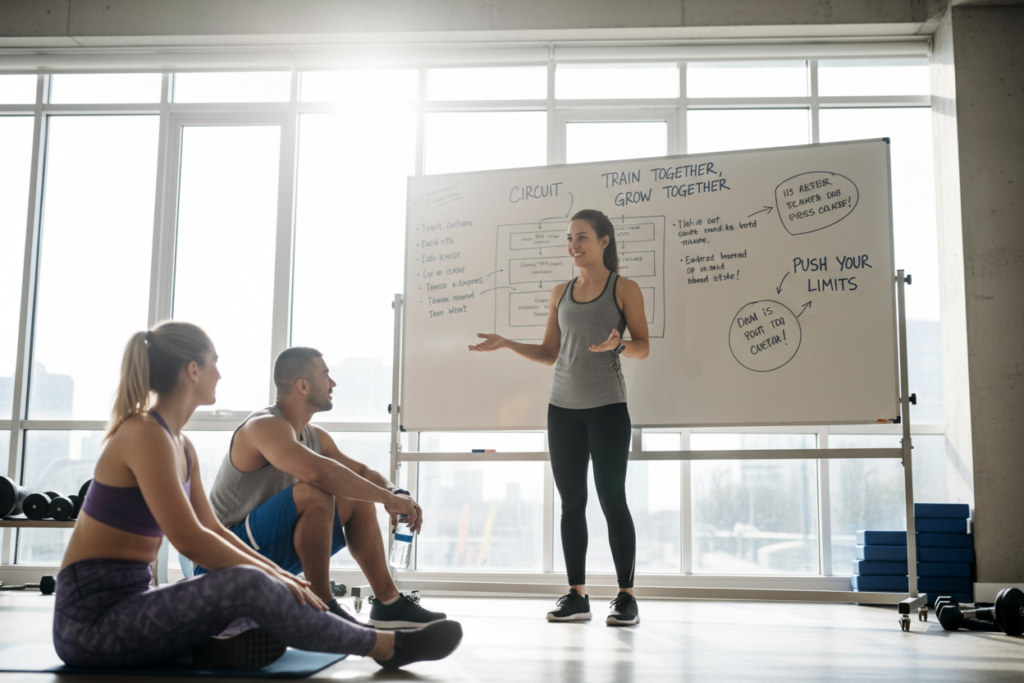 A diverse group of athletes gathered in an inviting, modern fitness studio, engaged in conversation. In the foreground, a female fitness expert, dressed in casual athletic attire, enthusiastically shares advice with three individuals: a male runner, a female yogi, and a male weightlifter, all attentively listening. The middle ground features a large whiteboard with sketched workout plans and inspirational quotes, symbolizing community engagement. The background includes floor-to-ceiling windows allowing natural light to flood the space, creating a warm and inviting atmosphere. The overall mood is uplifting and supportive, embodying the essence of community and expert guidance in fitness. Use a wide-angle lens to emphasize the interaction while softening the focus on the environment.