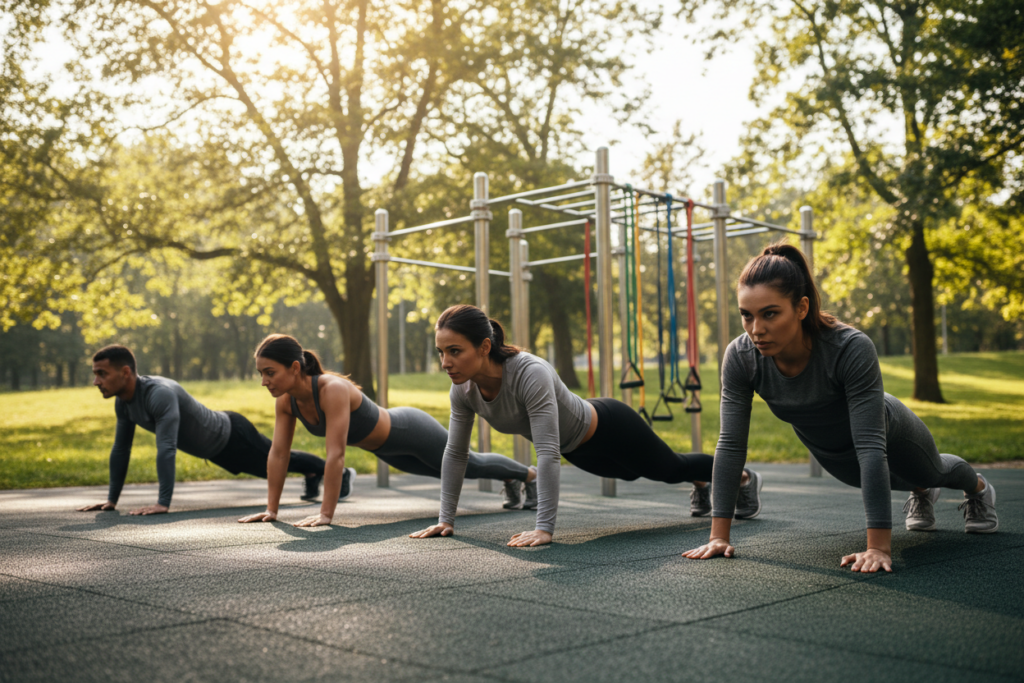 A diverse group of athletes in a modern outdoor fitness park, demonstrating bodyweight training fundamentals focused on push-up techniques. In the foreground, a mixed group of men and women in modest athletic attire is engaged in push-ups, emphasizing proper hand placement for effective chest, shoulder, and tricep engagement. The middle ground features fitness equipment like pull-up bars and resistance bands, while trees and soft grass provide a natural background. Soft, natural lighting filters through the leaves, creating a warm and inviting atmosphere. The camera angle is low, capturing the athletes' determination and strength, focusing on their form and engagement with the exercise. The mood is energetic and motivational, showcasing a community dedicated to fitness.