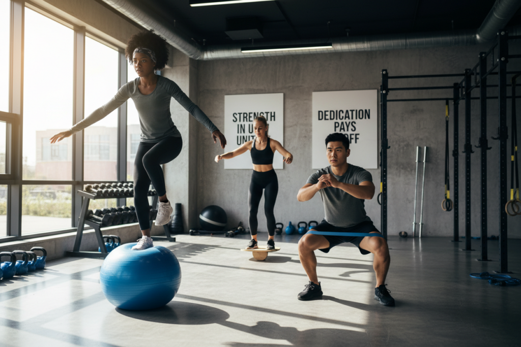 A diverse group of athletes is performing lower body stability exercises in a modern gym setting. In the foreground, a Black woman in modest athletic wear demonstrates a single-leg balance exercise on a stability ball, concentrating intently. Nearby, an Asian man performs a squat with a resistance band, showing proper form. In the background, a Caucasian woman is engaging in balance exercises using a balance board, with a serene and motivational ambiance. Bright, natural lighting filters through large windows, highlighting the athletes' focus and determination. The gym is equipped with modern fitness gear and motivational posters on the walls. The scene conveys a sense of strength, teamwork, and dedication to fitness. A diverse group of athletes is performing lower body stability exercises in a modern gym setting. In the foreground, a Black woman in modest athletic wear demonstrates a single-leg balance exercise on a stability ball, concentrating intently. Nearby, an Asian man performs a squat with a resistance band, showing proper form. In the background, a Caucasian woman is engaging in balance exercises using a balance board, with a serene and motivational ambiance. Bright, natural lighting filters through large windows, highlighting the athletes' focus and determination. The gym is equipped with modern fitness gear and motivational posters on the walls. The scene conveys a sense of strength, teamwork, and dedication to fitness.