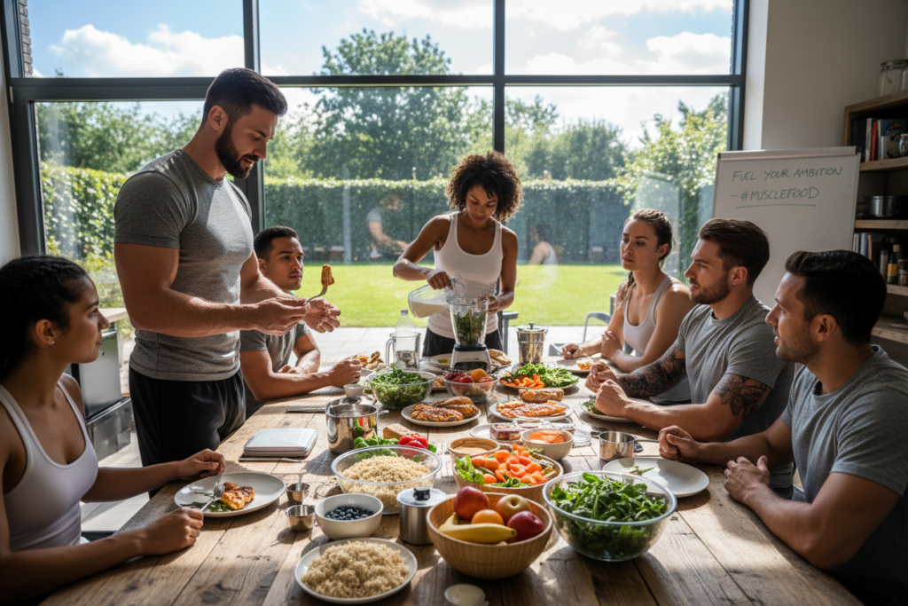 A diverse group of athletic individuals, including men and women of various body types and ethnicities, gathered around a large table filled with nutritious foods like whole grains, lean proteins, fruits, and vegetables. In the foreground, a muscular man in a fitted t-shirt and athletic shorts demonstrates portioning out a meal while discussing calorie intake with a focused expression. The middle of the scene features a woman measuring ingredients for a smoothie, surrounded by measuring cups, scales, and food prep items, in a bright, sunny kitchen environment. In the background, large windows allow natural light to flood the space, creating an uplifting atmosphere that emphasizes health and community. The overall mood is motivational and encouraging, showcasing the importance of sustainable eating habits for muscle building. A diverse group of athletic individuals, including men and women of various body types and ethnicities, gathered around a large table filled with nutritious foods like whole grains, lean proteins, fruits, and vegetables. In the foreground, a muscular man in a fitted t-shirt and athletic shorts demonstrates portioning out a meal while discussing calorie intake with a focused expression. The middle of the scene features a woman measuring ingredients for a smoothie, surrounded by measuring cups, scales, and food prep items, in a bright, sunny kitchen environment. In the background, large windows allow natural light to flood the space, creating an uplifting atmosphere that emphasizes health and community. The overall mood is motivational and encouraging, showcasing the importance of sustainable eating habits for muscle building.