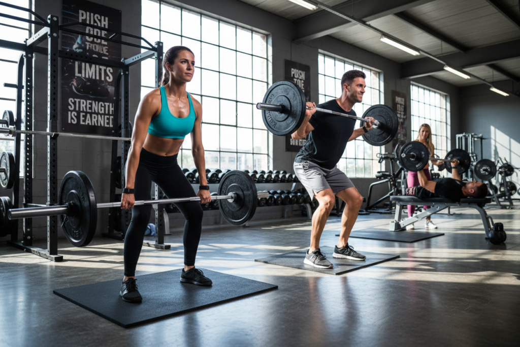 A dynamic fitness scene showcasing diverse athletes engaging in optimizing resistance training compound movements. In the foreground, a woman and a man are performing a deadlift and barbell squat, respectively, both dressed in professional athletic wear. Their expressions show focus and determination. In the middle ground, a trainer is providing guidance, demonstrating correct form, while another athlete performs a bench press. The background features a modern gym with natural light streaming through large windows, highlighting gym equipment and motivational posters. The atmosphere feels energetic yet professional, with a clean and motivating aesthetic. The lighting accentuates the athletes' muscular physique and the polished gym environment, captured with a slightly low-angle perspective to emphasize strength and intensity. A dynamic fitness scene showcasing diverse athletes engaging in optimizing resistance training compound movements. In the foreground, a woman and a man are performing a deadlift and barbell squat, respectively, both dressed in professional athletic wear. Their expressions show focus and determination. In the middle ground, a trainer is providing guidance, demonstrating correct form, while another athlete performs a bench press. The background features a modern gym with natural light streaming through large windows, highlighting gym equipment and motivational posters. The atmosphere feels energetic yet professional, with a clean and motivating aesthetic. The lighting accentuates the athletes' muscular physique and the polished gym environment, captured with a slightly low-angle perspective to emphasize strength and intensity.
