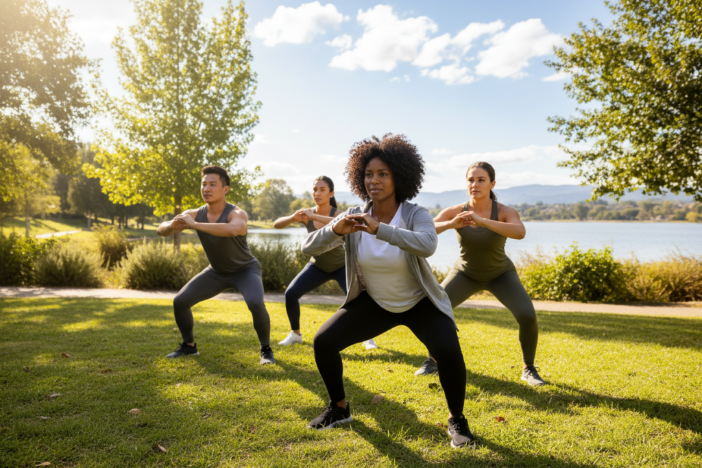 A group of diverse athletes engaged in a dynamic outdoor fitness session, showcasing expert fitness advice. In the foreground, a certified fitness professional, wearing smart casual attire, demonstrates correct squat techniques, while three other athletes follow along, showing concentration and determination. The middle ground includes a serene park setting with lush greenery and sunlight filtering through trees, creating dappled shadows on the ground. In the background, a tranquil lake reflects the blue sky, enhancing the atmosphere of calm and encouragement. The scene is illuminated by warm, natural sunlight, suggesting an uplifting and positive mood. Capture the essence of enjoyment in exercise without any distractions or text elements. A group of diverse athletes engaged in a dynamic outdoor fitness session, showcasing expert fitness advice. In the foreground, a certified fitness professional, wearing smart casual attire, demonstrates correct squat techniques, while three other athletes follow along, showing concentration and determination. The middle ground includes a serene park setting with lush greenery and sunlight filtering through trees, creating dappled shadows on the ground. In the background, a tranquil lake reflects the blue sky, enhancing the atmosphere of calm and encouragement. The scene is illuminated by warm, natural sunlight, suggesting an uplifting and positive mood. Capture the essence of enjoyment in exercise without any distractions or text elements.