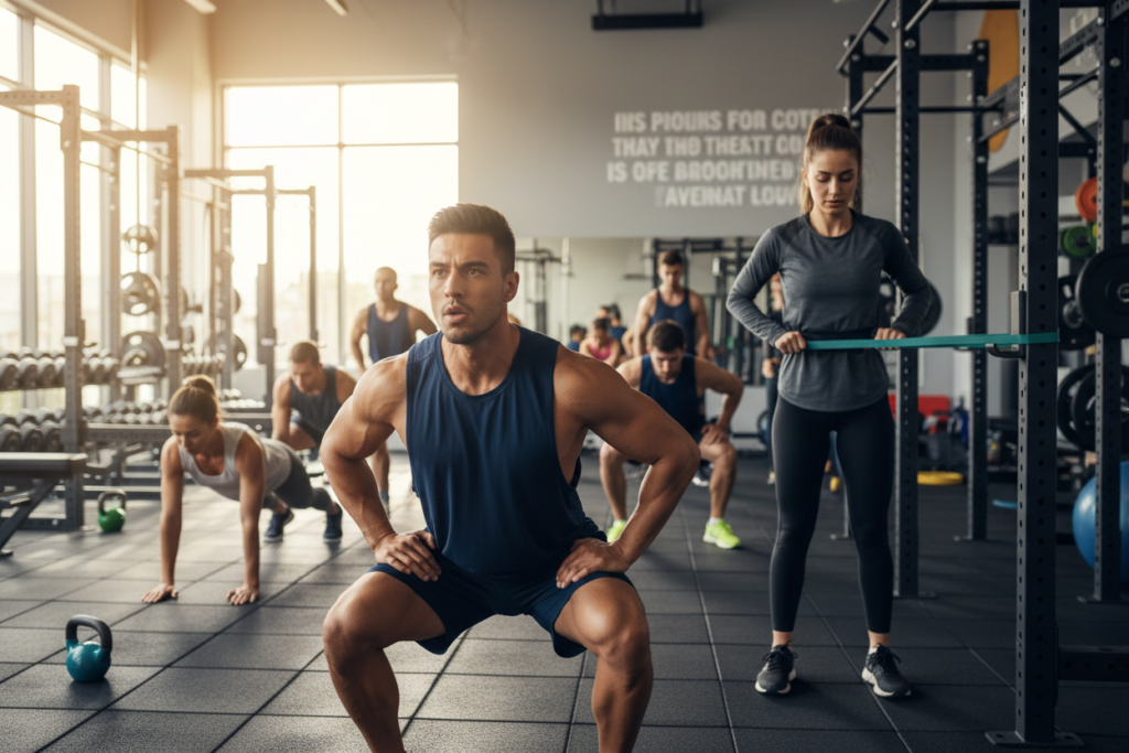 A gym setting featuring diverse athletes practicing core bracing techniques while preparing for deadlifts. In the foreground, a focused male athlete in a professional tank top is demonstrating a proper breathing technique with an engaged core. In the middle ground, a female athlete in modest athletic wear utilizes a resistance band to enhance her stability. Both are surrounded by modern gym equipment, emphasizing a clean and motivational atmosphere. Soft, natural lighting creates a warm environment, highlighting their determination. The background shows blurred weightlifting stations and fitness accessories, enhancing the focus on core stability. The overall mood is one of empowerment and focus, inspiring viewers to improve their technique for better performance and injury prevention.