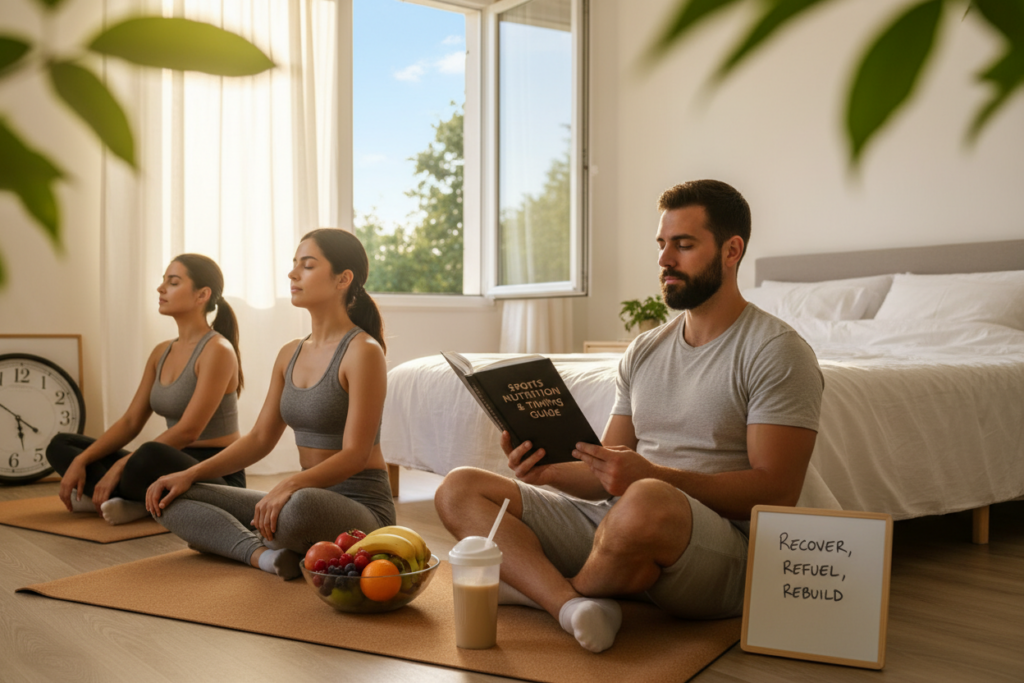 A serene bedroom scene bathed in soft, warm light, illustrating the theme of recovery through sleep and nutrient timing. In the foreground, a diverse group of athletes, dressed in modest, professional athletic wear, relax in a harmonious space. One is practicing deep breathing on a yoga mat, while another reads a nutrition guide, surrounded by fresh fruits and a protein shake, highlighting the importance of nutrient timing. In the middle ground, a neatly made bed with an open window suggests a connection to nature, allowing fresh air and natural light to enhance the atmosphere. The background features softly blurred images of a clock and a plant, symbolizing the balance of time and natural health. The mood is calm and focused, evoking a sense of tranquility and purpose.