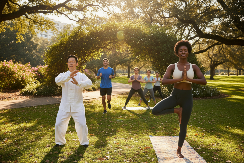 A serene outdoor fitness scene featuring a diverse group of individuals engaged in calming exercises like yoga, tai chi, and jogging enhances mental health through movement. In the foreground, a woman in modest athletic wear practices yoga on a mat, demonstrating focus and serenity, while in the middle ground, a man jogs along a tree-lined path, embodying an invigorating spirit. The background showcases a beautiful park with green grass and gentle sunlight filtering through the leaves, casting dappled patterns on the ground. The atmosphere is peaceful and uplifting, suggesting a connection between nature and mental wellness. The image is captured in soft, natural lighting with a wide-angle lens, creating a sense of openness and inviting viewers to feel the tranquility associated with exercise for stress relief.