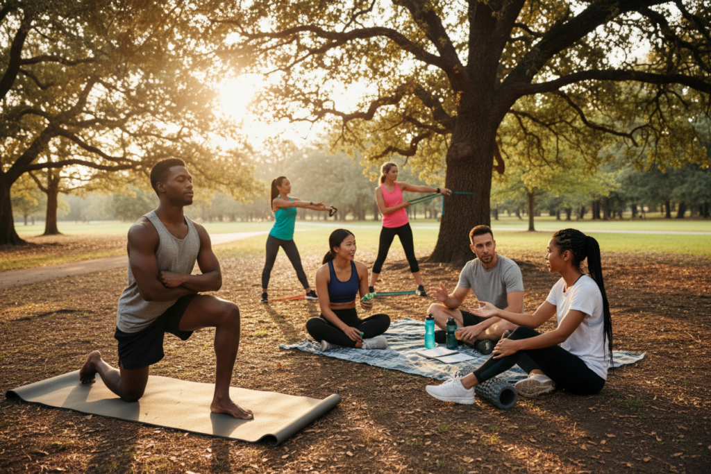 Diverse athletes of different backgrounds engaging in tailored recovery activities in a serene, natural park setting. In the foreground, a Black male athlete practices yoga on a mat, showcasing mindfulness and flexibility, while a Hispanic female athlete is using a foam roller nearby for muscle recovery. The middle ground features a mixed-gender group discussing their training regimens, with a focus on balancing recovery techniques like stretching, hydration, and nutrition. In the background, trees provide dappled sunlight, enhancing a calm atmosphere. Soft, golden hour lighting creates a warm, inviting mood, emphasizing rejuvenation. The angle is slightly low, allowing for a dynamic perspective that captures the athletes' engagement with their recovery practices. Diverse athletes of different backgrounds engaging in tailored recovery activities in a serene, natural park setting. In the foreground, a Black male athlete practices yoga on a mat, showcasing mindfulness and flexibility, while a Hispanic female athlete is using a foam roller nearby for muscle recovery. The middle ground features a mixed-gender group discussing their training regimens, with a focus on balancing recovery techniques like stretching, hydration, and nutrition. In the background, trees provide dappled sunlight, enhancing a calm atmosphere. Soft, golden hour lighting creates a warm, inviting mood, emphasizing rejuvenation. The angle is slightly low, allowing for a dynamic perspective that captures the athletes' engagement with their recovery practices.